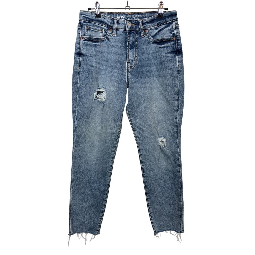 Old Navy O.G. Straight Jeans Womens 6P Blue High Rise Distressed Raw Hem Stretch